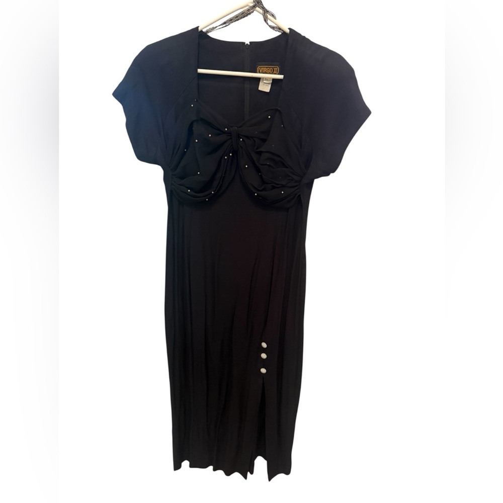 Vintage Virgo Elegant Black Midi Dress with Bow womens 12
